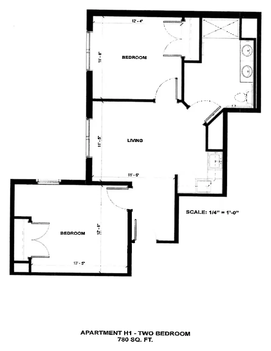 Apartment H1 floor plan, 780 sq ft