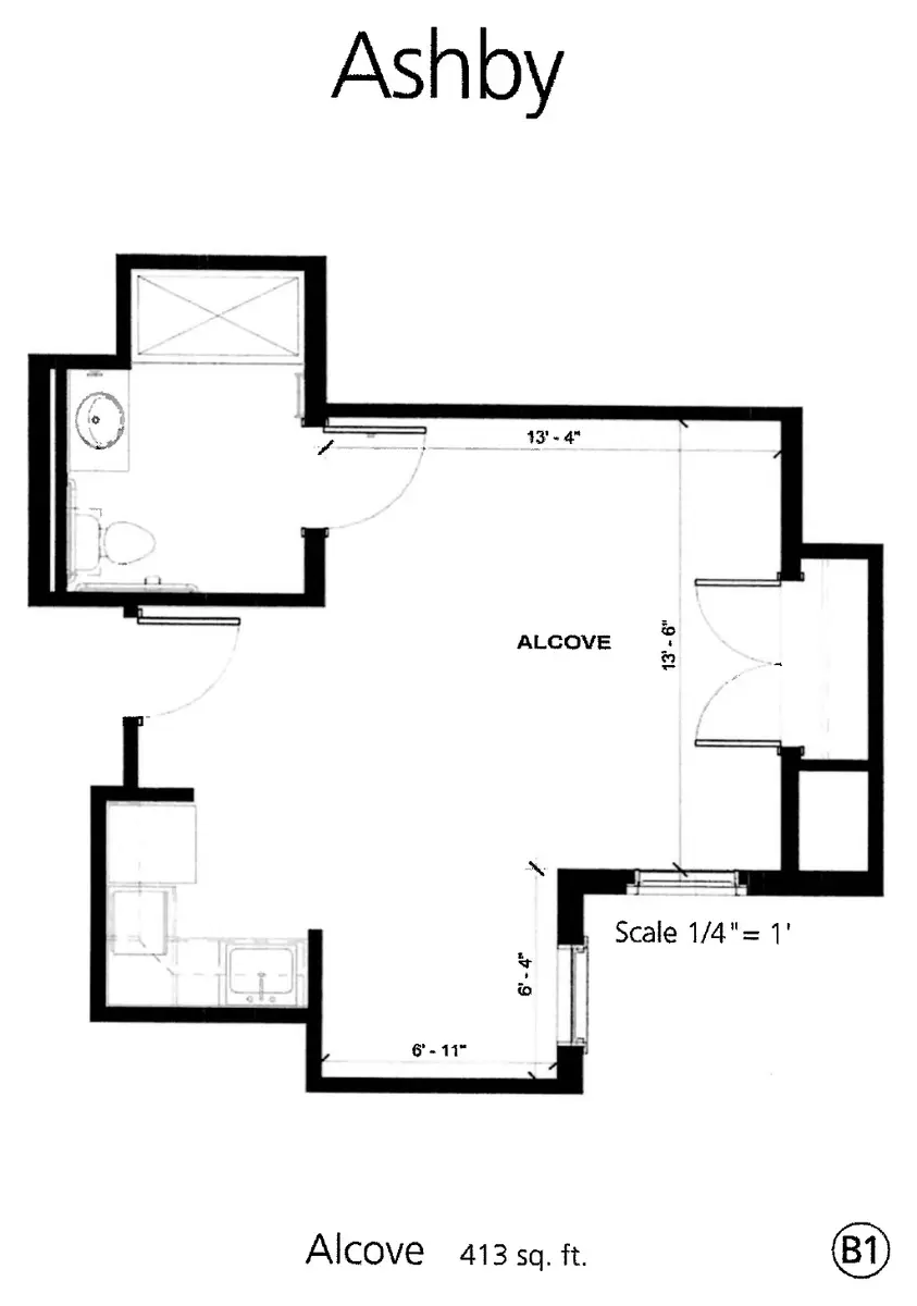 Ashby B1 floor plan, 413 sq ft