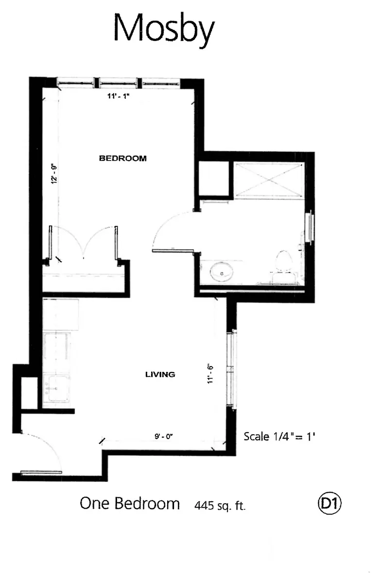 Mosby D1 floor plan, 445 sq ft
