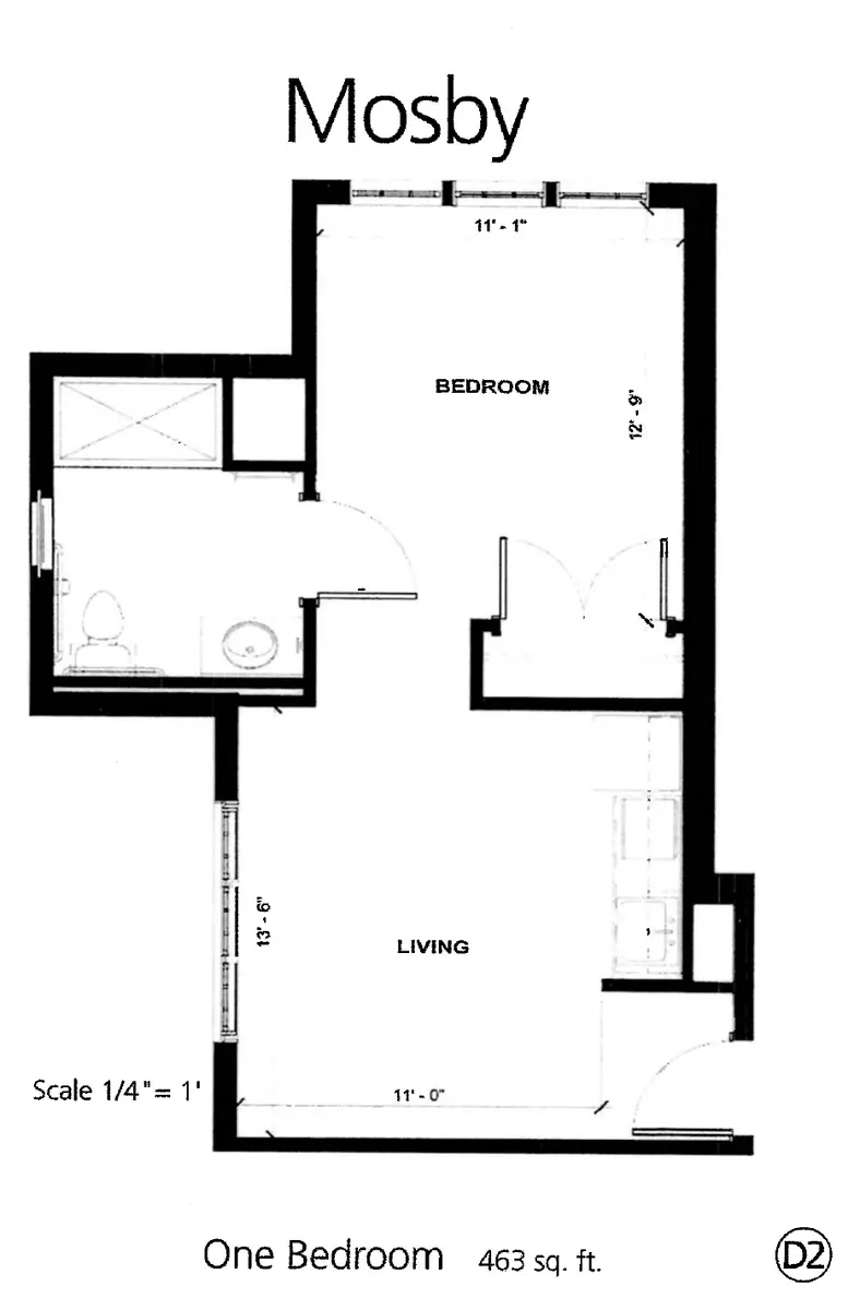 Mosby D2 floor plan, 463 sq ft