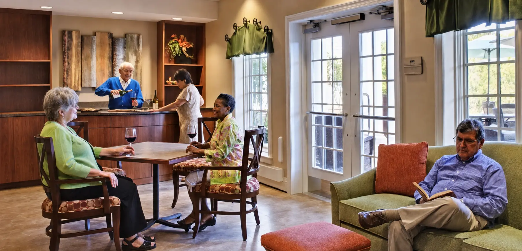 Residents together in a common area at The Villa at Poplar Hill